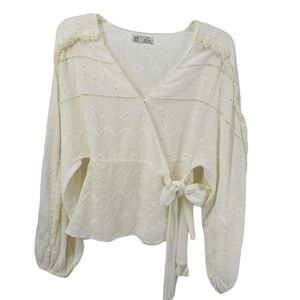 Zara Trf Collection Off-White Sheer Eyelet Fringe Wrap Boho Blouse - Sz S